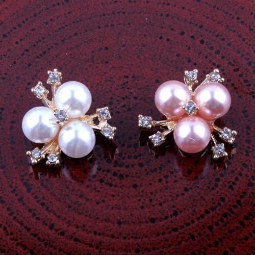 30pcs/lot Bling Metal Rhinestone Pearl Buttons Clear Decorative Flatback Crystal Flower Buttons for Kids Gilrs Hair Accessories
