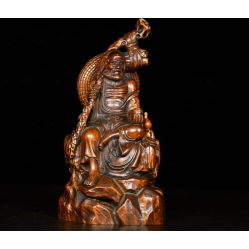 7" China Lucky Seikos Boxwood Dharma Buddha statue Dharma scepter back straw hat wood carving Bodhidharma statue