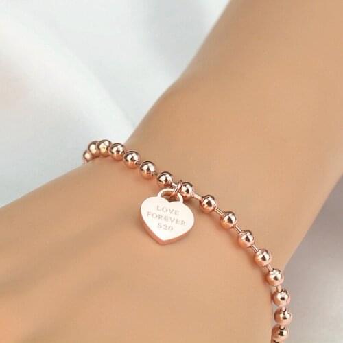 Love Forever Letter Tag Peach Heart Charm Bracelet Rose Gold Silver Color Stainless Steel Beads Link Chain Jewellery No Fade