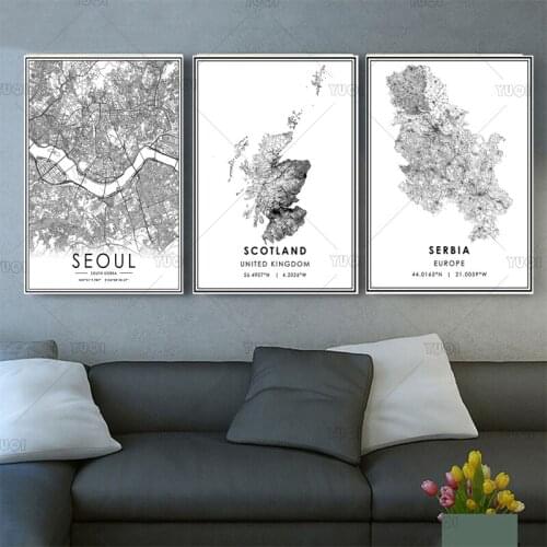 Black and White World City Map SCOTLAND SEOUL SERBIA SIBENIK YREKA Wall Art Canvas Poster Prints Nordic Style Paintings Picture