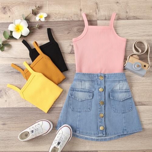 FOCUSNORM 4 Colors Summer Fashion Kids Girls Clothes Sets Solid Sleeveless Knit Vest Tops Single Breasted Blue Denim Skirts