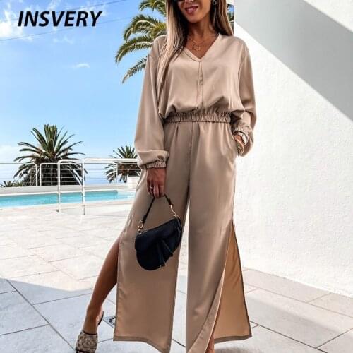Women Two Piece Set Spring Autumn Solid Split Up Pants Set Women Casual V Neck Shirt Pocket Loose Pants Outfits Lady Sportswear