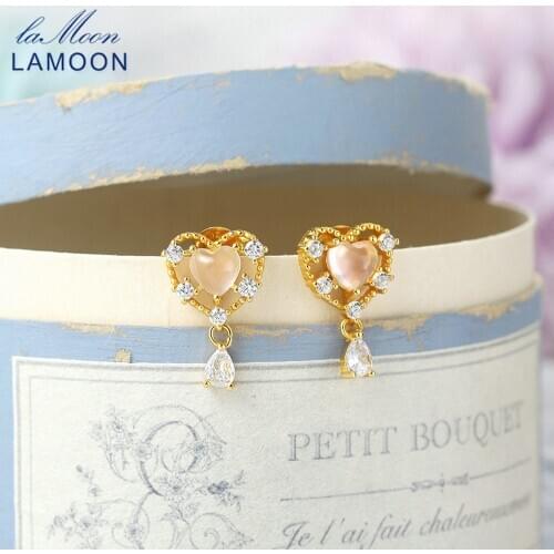LAMOON 925 Silver Stud Earring For Women Vive Sweety Heart Natural Rose Quartz Gemstone 14K Gold Plated Fine Jewelry LMEI133