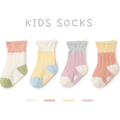 4 Pairs Baby Socks Non-slip Floor Socks Mesh Cotton Breathable Toddler Socks Color Matching Boutique Box Boys Girls Socks 0-5 Y