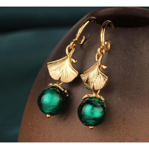 NEW fashion Vintage flower Handmade glaze Cloisonne green Handmade earring Ginkgo leaf earrings Original Jewelry for women gift