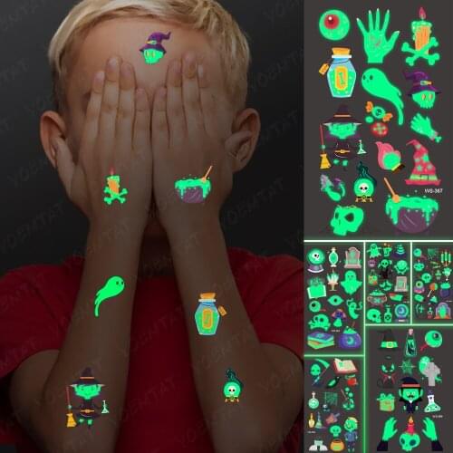 Luminous Transfer Waterproof Temporary Tattoo Sticker Halloween Hand Eye Skeleton Witch Night Glowing Tatoo Kid Child Fake Tatto