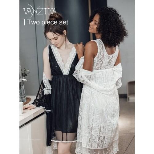 VANZTINA Ladies Nightgown Lace Long Nightdress Vintage Woman Lace Sleeve Summer Nightgowns Dress INS Fashion Sleepwear Fairy