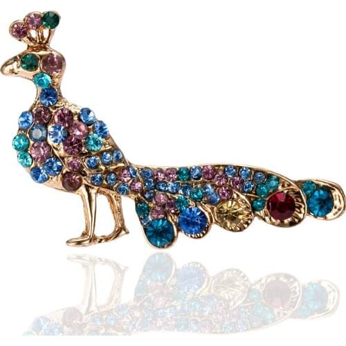 Vinrtage Look Gold Tone Blue and Lilac Rhinstone Crystal Peacock Party Gift Pins Brooch