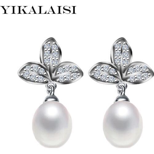 YIKALAISI 925 Sterling Silver Natural Freshwater Pearl Stud Earrings Fashion Jewelry for office women 8-9mm Pearl Drop Shape