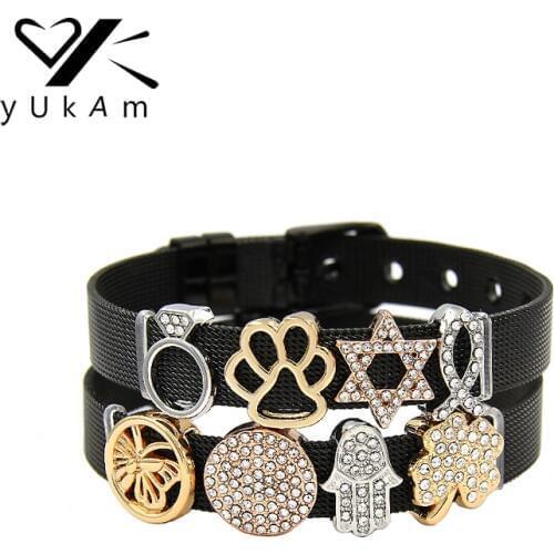 YUKAM Jewelry Sliders Crystal Fish Clover Ring Fatima Hand Dog Paw Star Slide Charms Keeper for Bracelets DIY Accessories Making