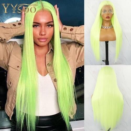 YYsoo long Fluorescent Green Silky Straight 13X3 Synthetic Hair Lace Front Wigs for Women Pre Plucked Heat Resistant Fiber Wig