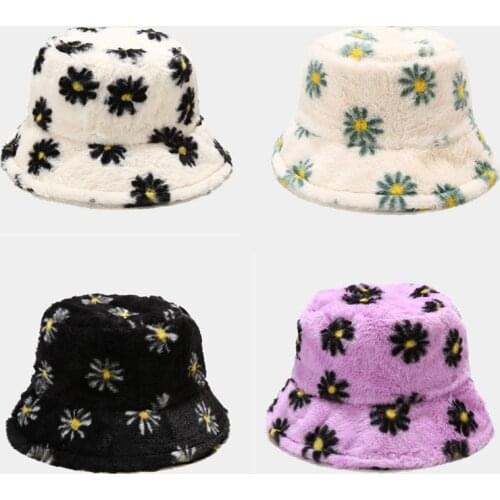 Women Hat Solid Artificial Fur Warm Female Cap Faux Fur Winter Bucket Hat for Women Sun Hat Daisy Embroidery Fisherman Hat