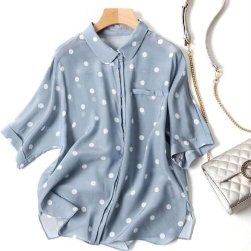 Chiffon Polka Dot Women Shirts Summer New 2021 Turn-Down Collar Short-Sleeved Loose Elegant Office Lady Outwear Tops