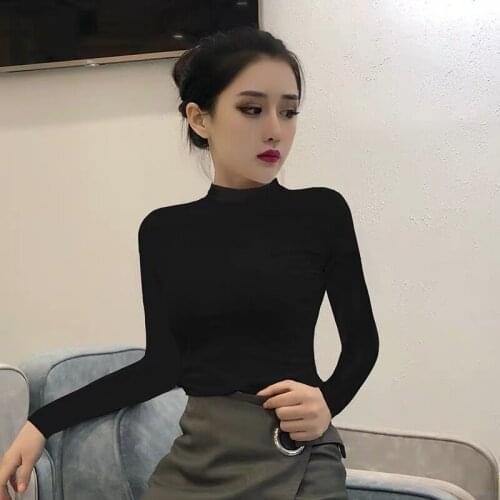 Woman TShirts Womens Turtleneck Long-Sleeved Autumn and Winter Mid-Collar T-shirt Tight Top Crop Top Mujer Camisetas