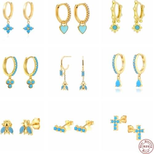 925 Sterling Silver Korean Bling Turquoise Small Stud Earring For Women Girls Ladies Minimalist Aretes Bohemia Earrings Jewerly