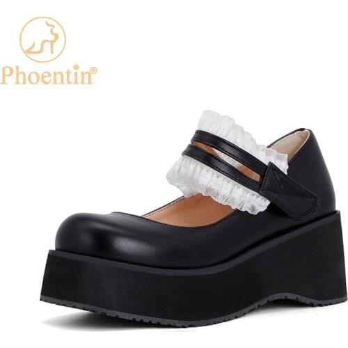 Phoentin Large Size 34-46 Girls Lolita Buckle shoes Platfoem Marry Janes Pumps woman 2021 new Wedges high heels black FT1465