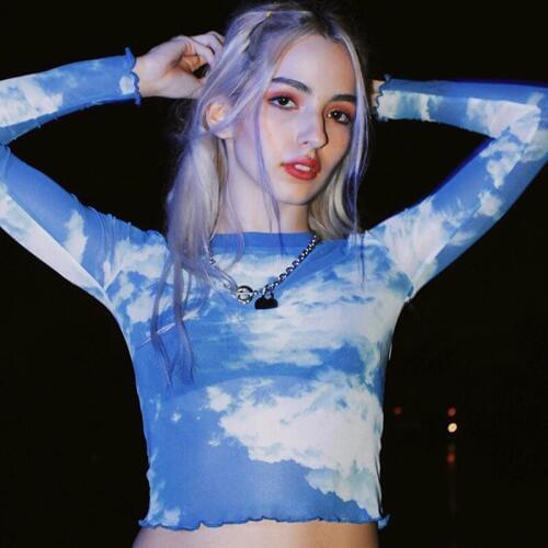 Women O-Neck Crop Top Ladies Long Sleeve Print T-shirt