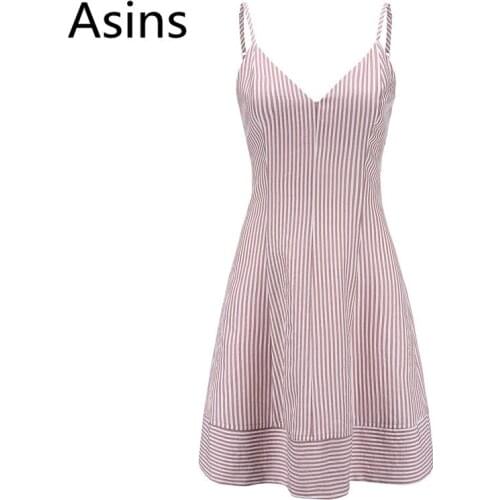 Asins summer dress 2019 new hot women casual fashion striped printing V-neck sleeveless wild temperament sexy sling mini dress