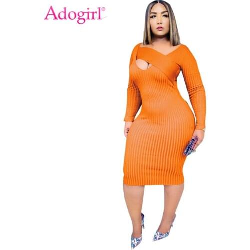 Adogirl Women Sexy Solid Ribbed Dress Deep V Neck Long Sleeve Bodycon Midi Casual Dresses Autumn Winter Outfits