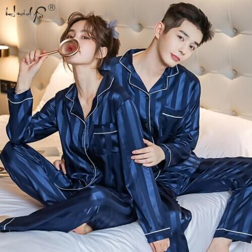 2020 Winter Couple Solid Color Pajamas Set Satin Silk Stripes Long Sleeve Sleepwear Men & Women Casual Lovers Nightwear