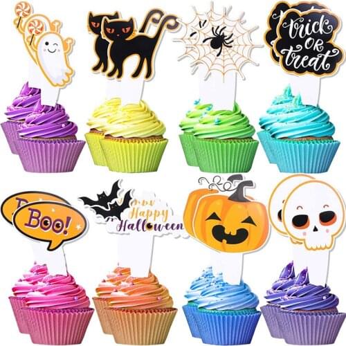 16pcs/set Halloween Cupcake Decor Paper Tag Ghost Pumpkin Bat Styles Home Party Decoration for Cake 2021 Halloween Supplies