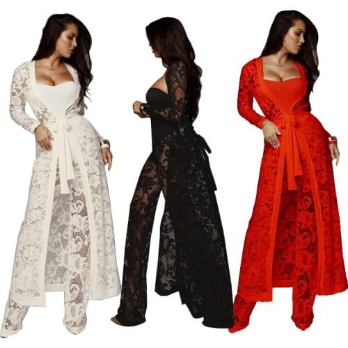 2019 Europe fashion womens sets lace Bud silk wide-leg pants three-piece set casual suit