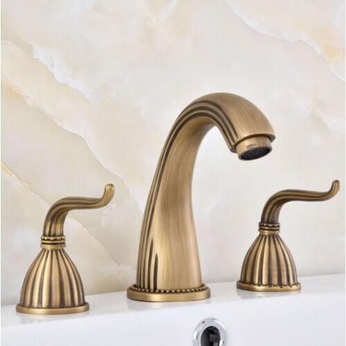 3 Hole Antique Brass Deck Mounted Bathroom Mixer Tap Bath Basin Sink Vanity Faucet Water Tap Bath Faucets Nsf631