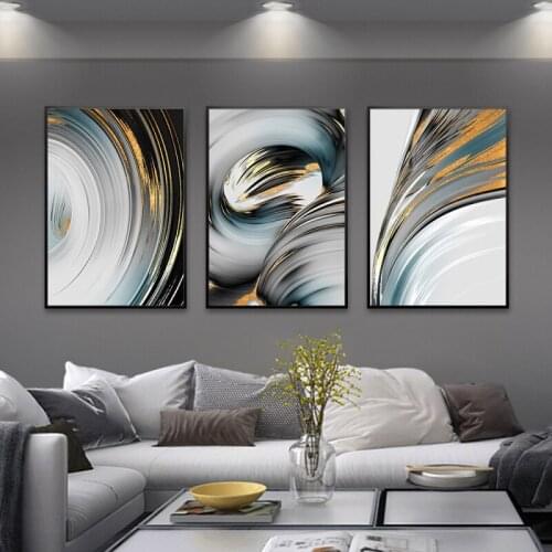 Abstract Golden Blue Arc Ink and Wash Canvas Print Poster Wall Art Nordic Style Painting Picture for Living Room Home Decor