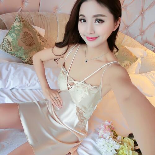 Satin Silk Nightwear Women Nightgowns Sexy V-neck Sleepwear Sleeping Dress Red Nightdress 2018 Summer Pijamas Night Dress 2018