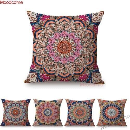 Bohemian Style Floral Pattern Mandala Geometric Flower Purple Pink Sofa Throw Pillow Case Cotton Linen Colorful Cushion Cover