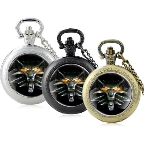 Black Wolf Head Design Glass Cabochon Quartz Pocket Watch Vintage Men Women Pendant Necklace Chain Clock Jewelry Gifts