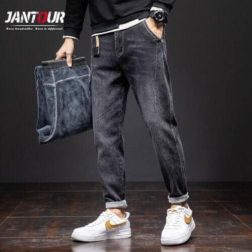 Jeans Men Winter Fleece Baggy Jeans 2020 Pantalones De Hombre Business Elasticity Straight Trousers Harem Pants Man Big Size 40
