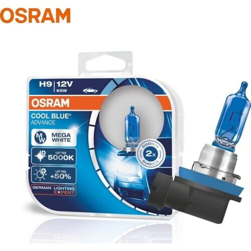 OSRAM H9 62213CBA Halogen Cool Blue Advance 12V 65W Car Original Headlight 5000K White Light +50% Brighter Genuine Lamps, Pair
