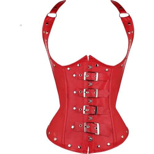 PU Corset Waist Trainer Steel Boned Halterneck Leather Underbust High Quality 2 Colors Choice Rivets and Buckles Decorated