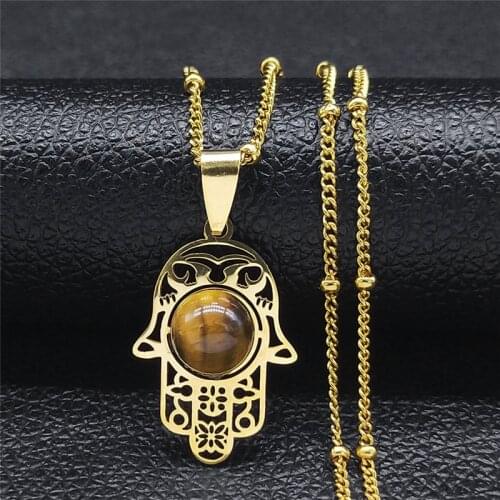 Islam Hamsa Hand Tigers Eye Stone Stainless Steel Necklaces Women/Men Gold Color Statement Necklace Jewelry collane N7028S04