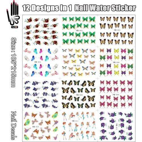 12 Sheets/Lot Art Nail Sticker YB001-012 Cartoon Butterfly Flower Nail Art Water Transfer Decal For Nail Tip(12 DESIGNS IN 1)