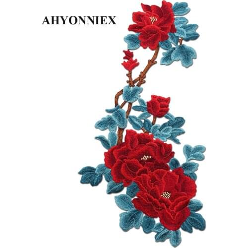 1 PCS Large Red Peony Kuckoo Bird Embroidered Patch Sew On Appliques Patches for Men Clothes Cheongsam Wedding Dress Accessories