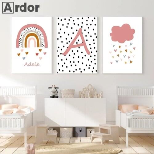Baby Girl Name Custom Wall Art Poster Rainbow Cloud Heart Canvas Painting Letter Art Print Nordic Picture Nursery Kid Room Decor
