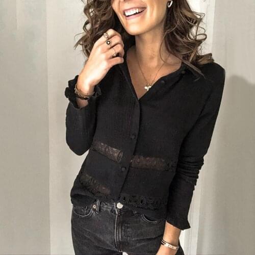 Office Lady Long Sleeve Stitching Hollow out Lacework Buttons Plus Size Shirt Casual Shirt Lapel Neck Blouse Work Shirt Tops
