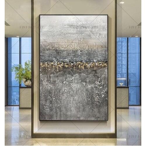 Excellent Artist Hand-painted Abstract Golden and Gray Oil Painting on Canvas Gold Foil wall Painting art
