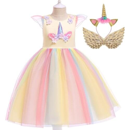Girls Unicorn Tutu Dress With Gold Headband Wings Rainbow Princess Kids Party Dress Children Halloween Cosplay Costume for Baby