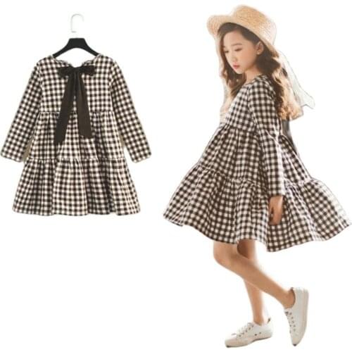 Teens Girls Plaid Dress For Girls Long Sleeve Kids Bowknot Dresses 2021 Spring Children Clothes 6 8 10 12 14 Princess Dress