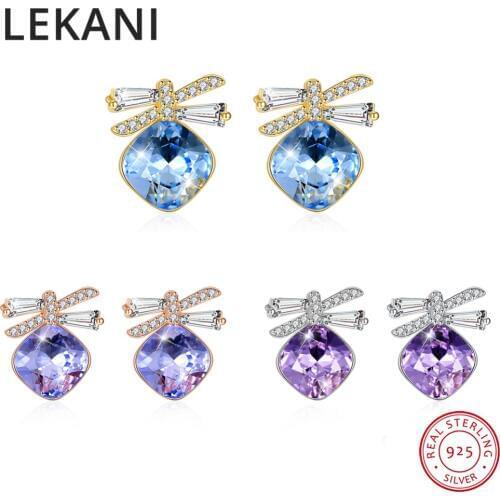 LEKANI Square Crystals From Swarovski New Design 18K Gold Plated Bowknot Stud Earrings S925 Silver Jewelry For Women Girls Gifts