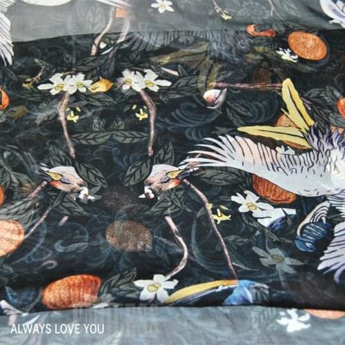 Silk Chiffon Fabric Dress Large Wide Beautiful Retro Black White Flowers Crane 100% Real Spring Thin Dress Cloth DIY patchwork