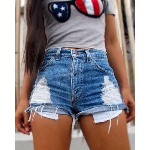 Retro Stretch Ripped Pockets Denim Shorts Women Sexy Hole Mid Waist Slim Light Blue Shorts Summer Casual Jean Shorts For Ladies