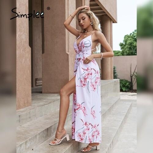 Simplee Sexy Deep V-neck Halter Backless Women Dress 2021 Summer Flower Print Beach Holiday Sundress Casual Sleeveless Vestidos