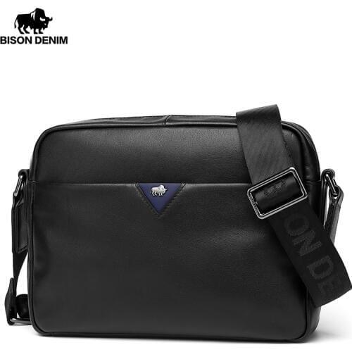 BISON DENIM Genuine Leather Men Shoulder Bag Zipper Messenger Bag Large Capacity Crossbody Bag for Men N2995