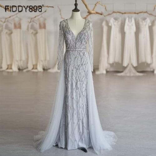 Sequins Beaded Evening Dress 2020 New Long Sleeves Dubai Women Formal Gowns Deep V-neck Tulle Party Robe ASA-0099