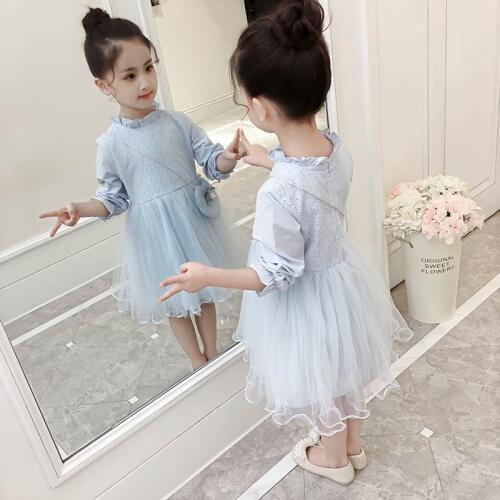 Girls Spring Cotton Soft Princess Dresses Baby Kids Lace Mesh Spliced Dress Childrens Long Sleeve Organza Dress One Piece B153