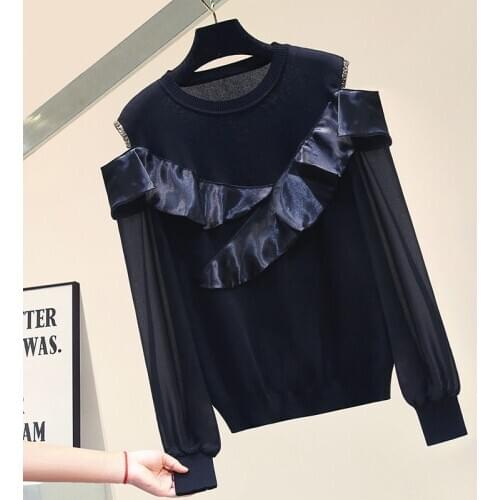 2021 Spring Off Shoulder Knitted Sweater Womens Chiffon Long Sleeve Pullover Shirts New Ladies Chic Tops White Black